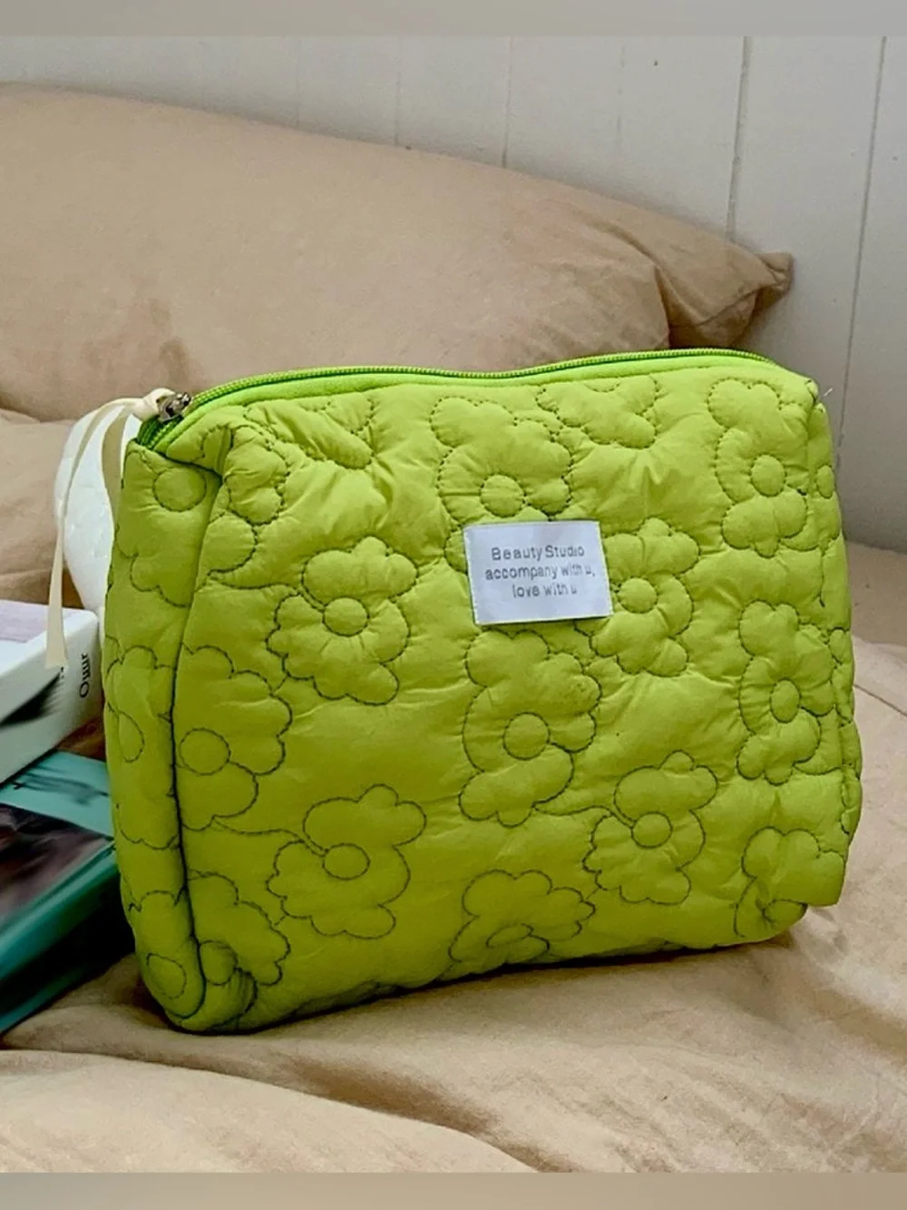 Large Green Quilted Pink Floral Women’s Makeup Toiletries Cosmetic Organizer Bag